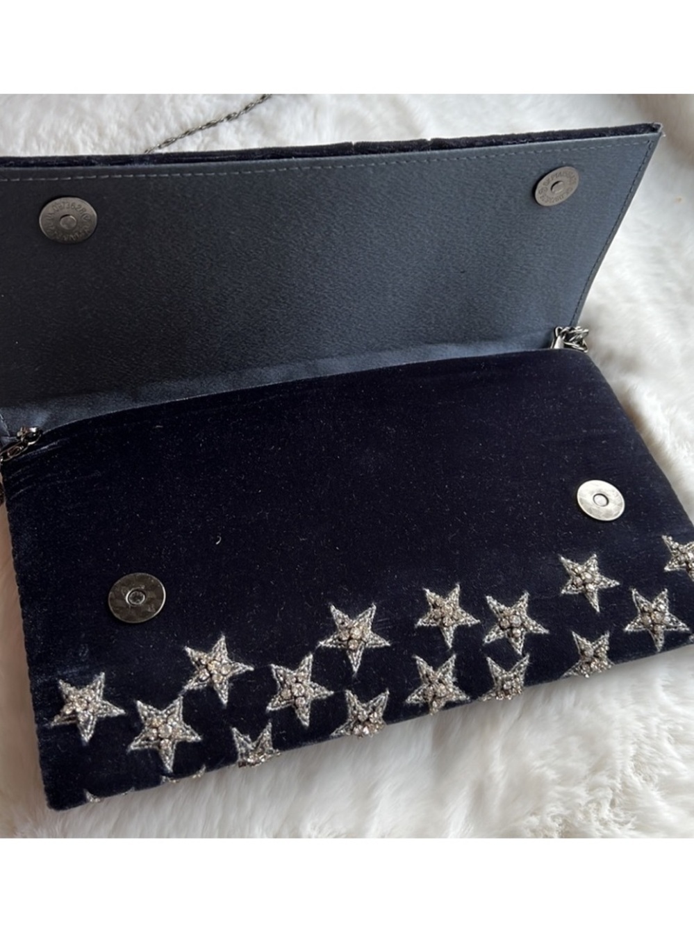 Navy velvet crossbody or envelope clutch with rhinestone stars - Picture 3 of 9